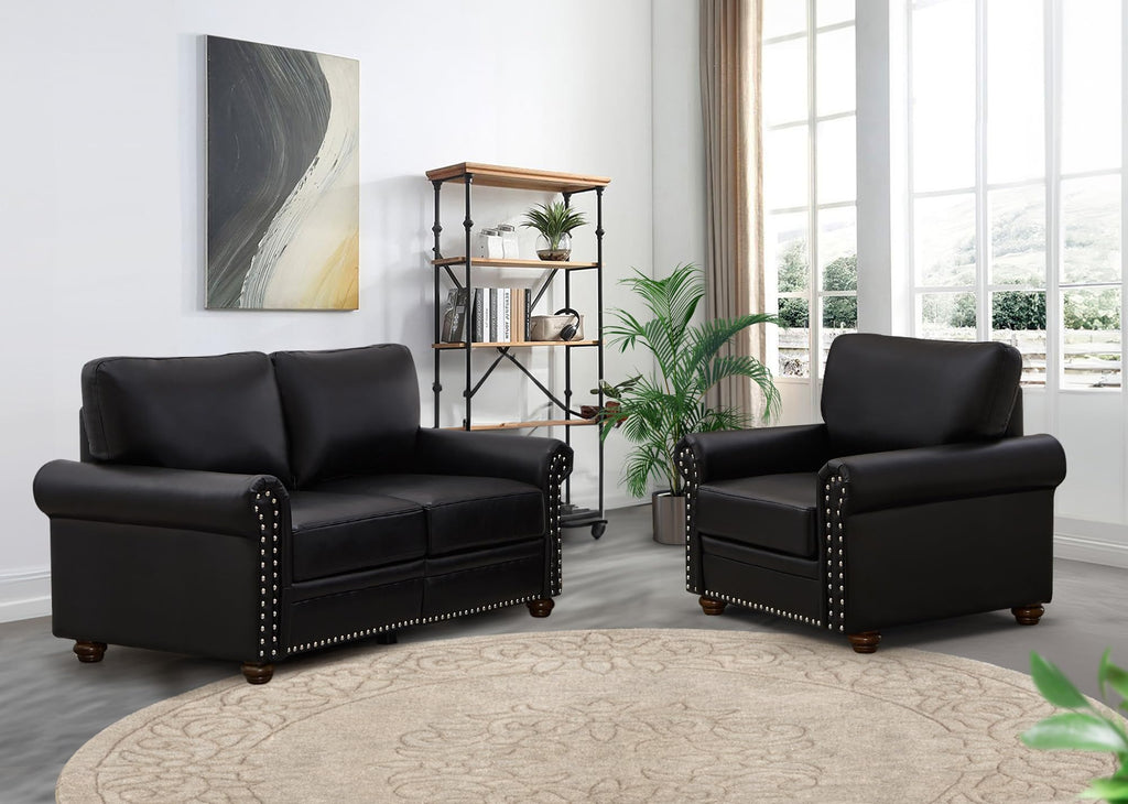 2 Piece Faux Leather Sofa Set,Modern Couch and Loveseat Sets with Storage,Mid Century Couch with Rivet Rolled Arm,Comfy Deep Seat Sofa,Furniture for Living Room,Office(Loveseat+3 Seater,Navy)