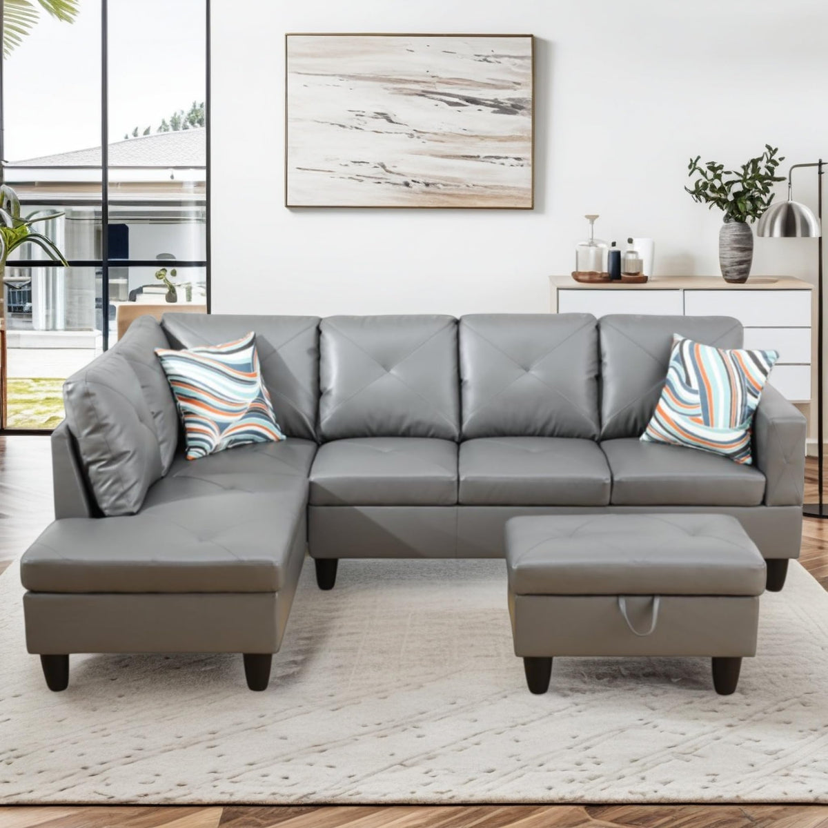 97.5" Leather L Shaped Couch with Left Chaise & Cup Holder, Sectional Sofas Modular Furniture Set with Storage Ottoman, Convertible Couches for Living Room, Office & Small Space (Black)