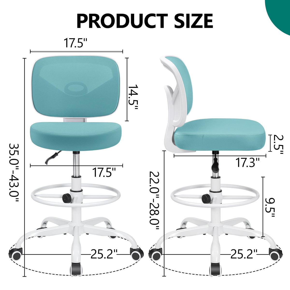 Primy Tall Drafting Desk Chair - Armless, Adjustable Height, Mesh Back, Rolling, Standing Desk Chair for Art Room, Office or Home (Black)