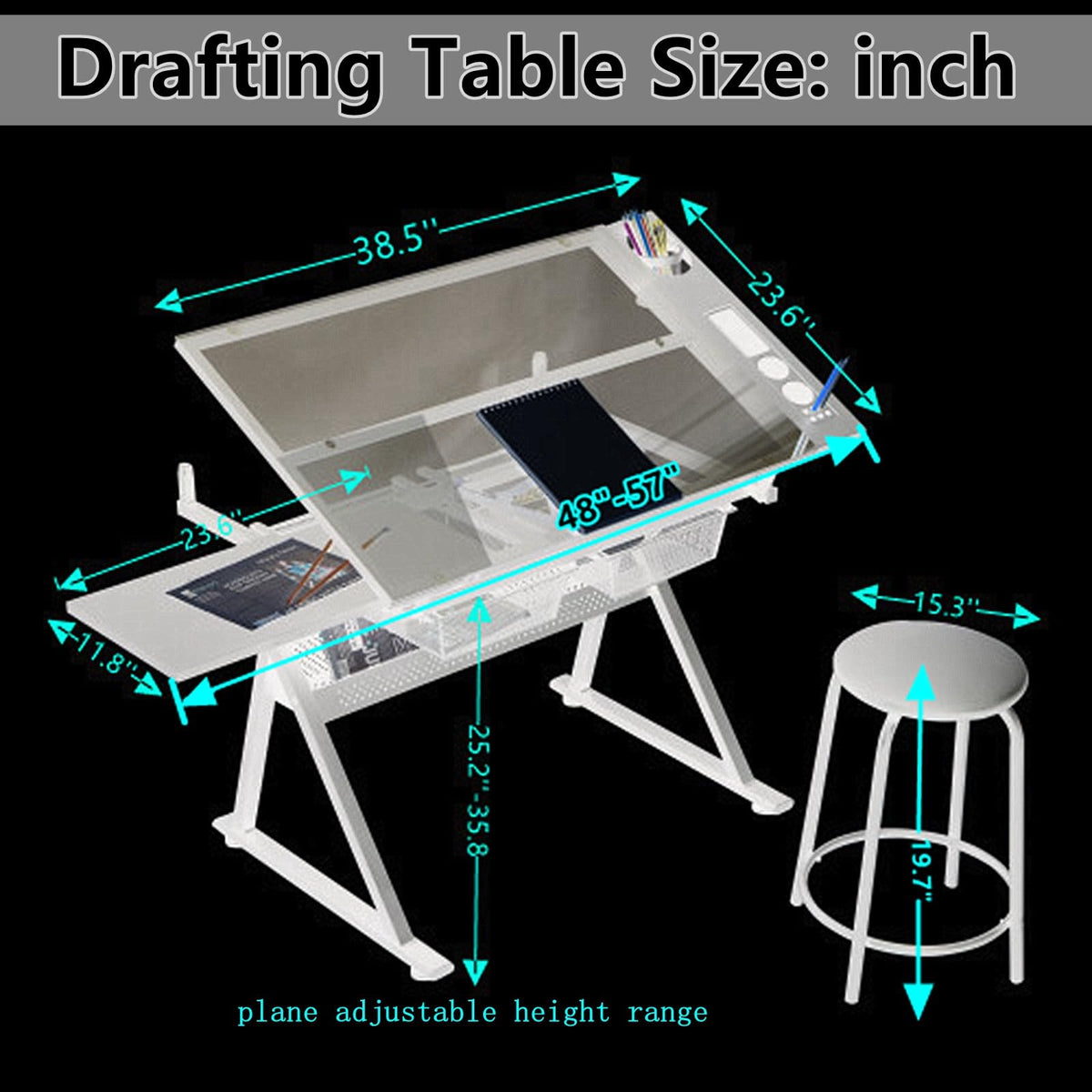 Drafting Table for Artists, Glass Drawing Table with Stool,T1-Black
