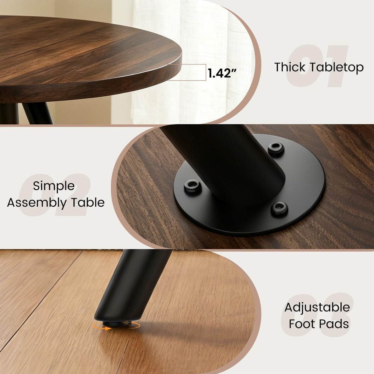 34.6" Round Dining Table Set for 4, Modern Kitchen Coffee Table Set, Walnut