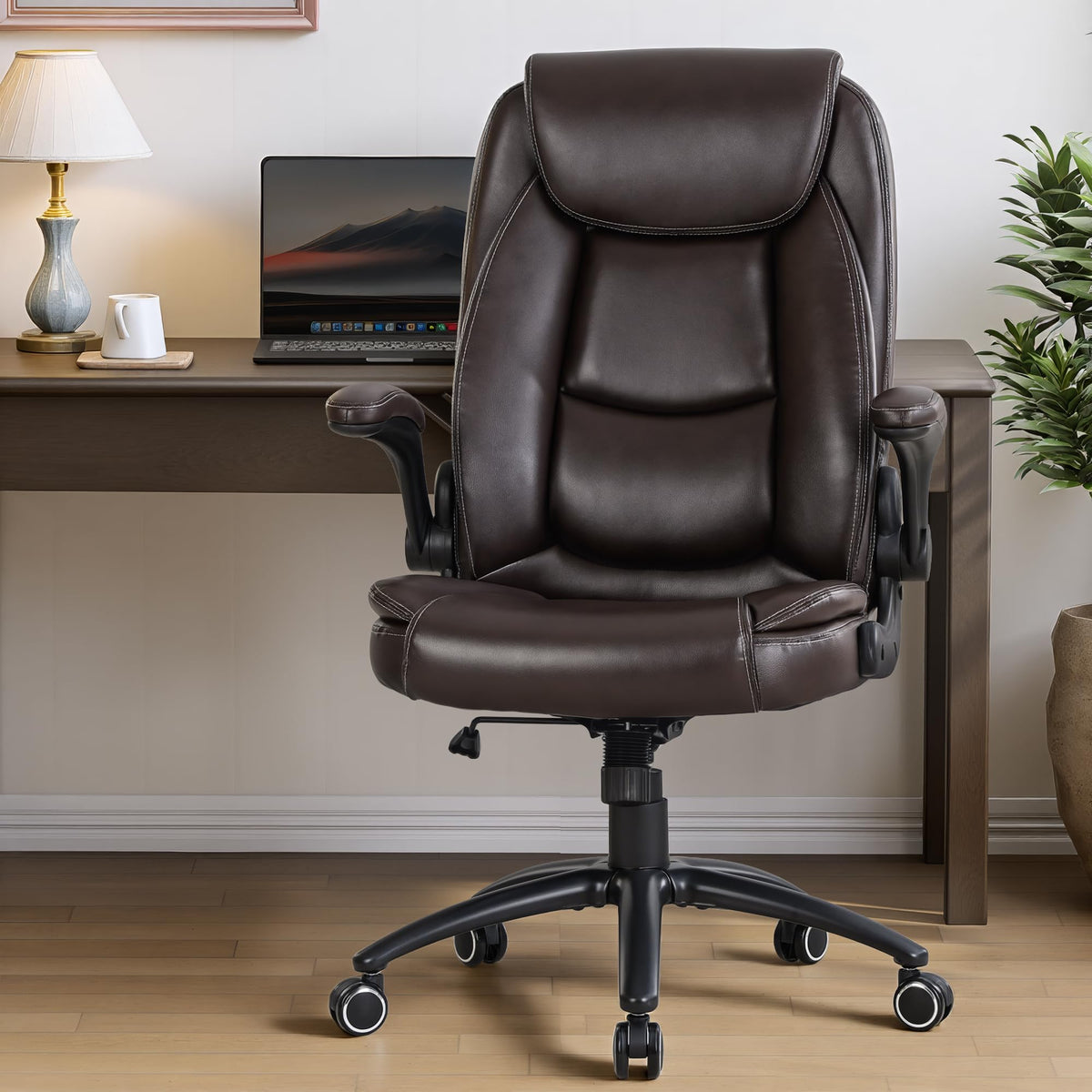 300lbs Capacity Executive Desk Chair with Ergonomic Lumbar Support, Flip-up Arms & High Back Leather Computer Chair for Home/Office, Black