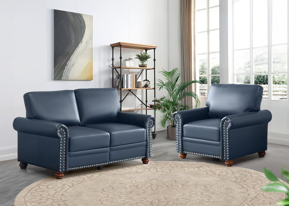 2 Piece Faux Leather Sofa Set,Modern Couch and Loveseat Sets with Storage,Mid Century Couch with Rivet Rolled Arm,Comfy Deep Seat Sofa,Furniture for Living Room,Office(Loveseat+3 Seater,Navy)