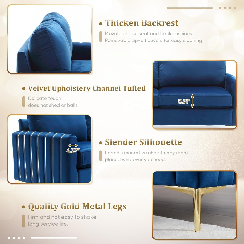 2 Piece Sofa and Loveseat Set, Comfy Tufted Velvet Couch and Loveseat Sets Furniture with Gold Leg, Mid Century Modern Couch Soft Upholstered Sofa Set of 2 for Living Room Bedroom Office (Navy Blue)