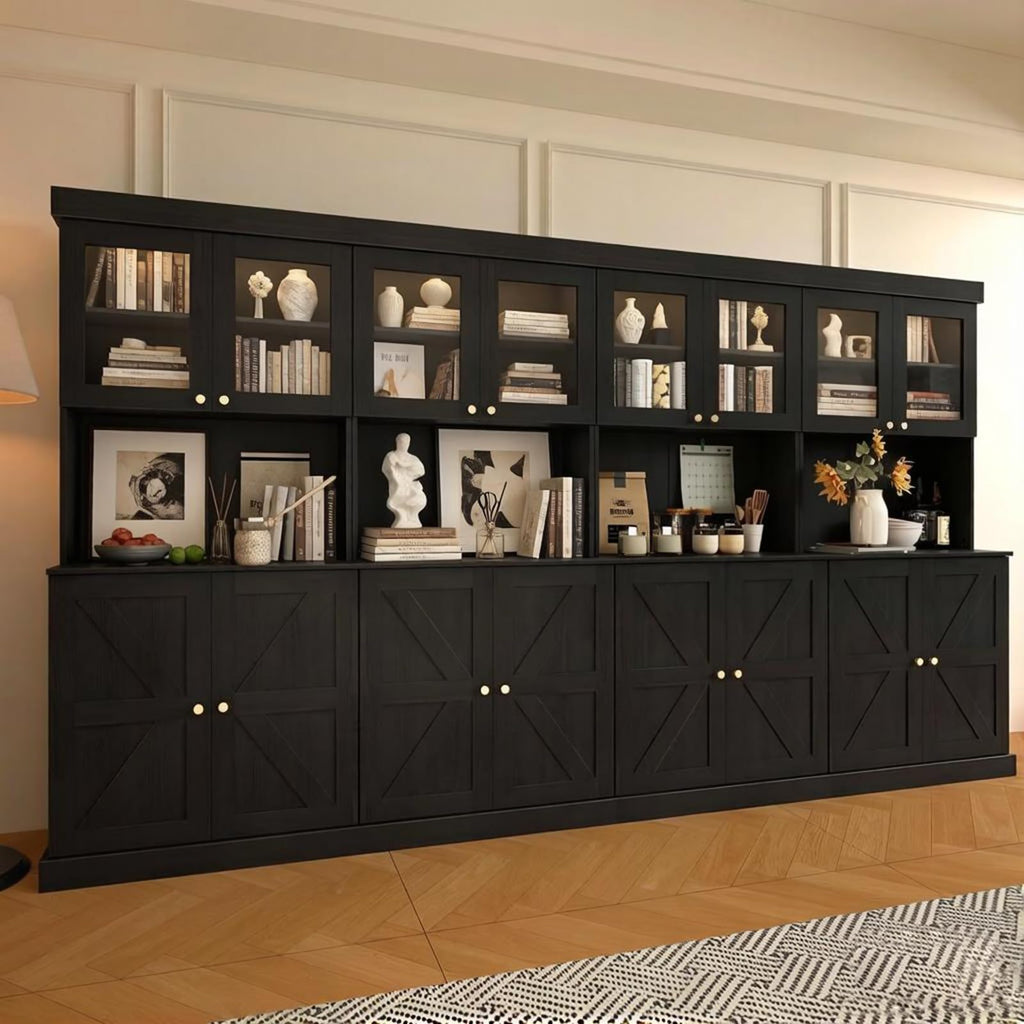Vyre 71" Black Modular Farmhouse Bookcase Set of 3, Expandable Storage Cabinets with Glass Doors or Drawers for Home Office and Study Room