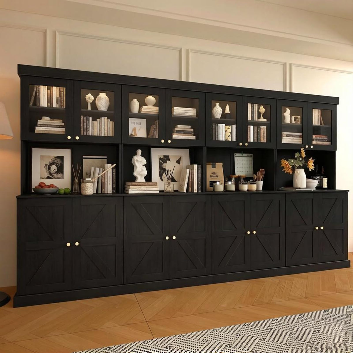 Vyre 71" Black Modular Farmhouse Bookcase Set of 3, Expandable Storage Cabinets with Glass Doors or Drawers for Home Office and Study Room