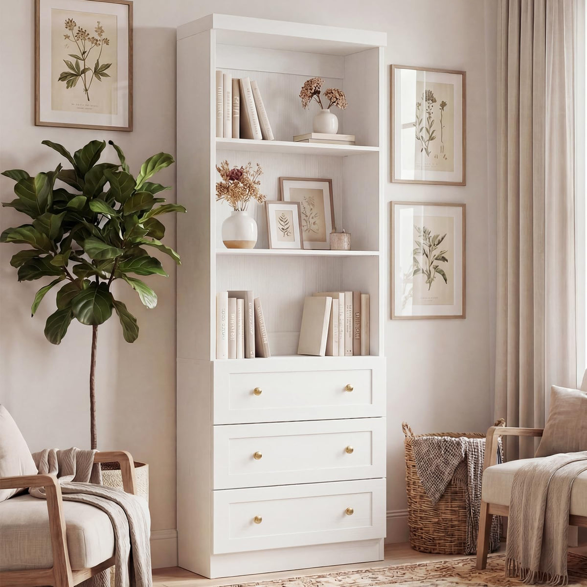 Cyclysio 80" Bookshelf with 3 Drawers and Baseboard Cutout, Set of 2