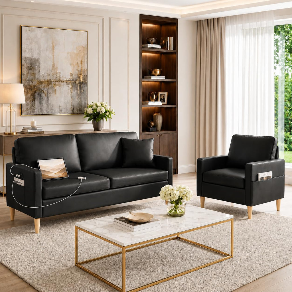 3 Piece Black Faux Leather Modern Small Couch and Chair Set for Office