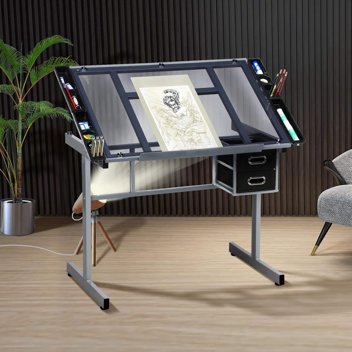 Yaheetech Glass Drafting Table with Storage, Adjustable Art Drawing Desk
