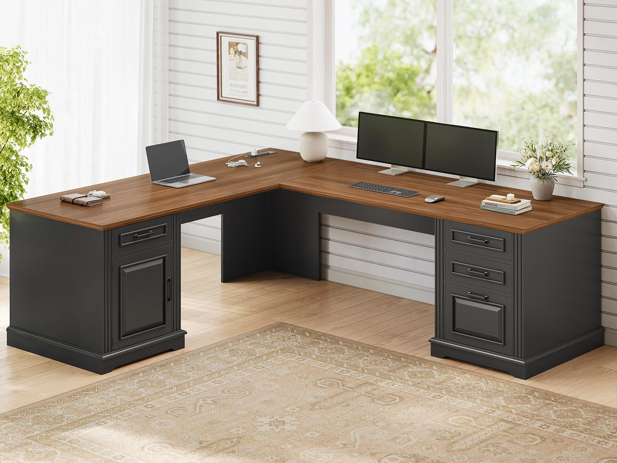 Itaar Farmhouse L Shaped Desk, Executive Computer Desk with Drawers and Storage Cabinet, Home Office Desk with File Drawer and Power Outlet, Corner Desk, Workstation for Office Home, Grey