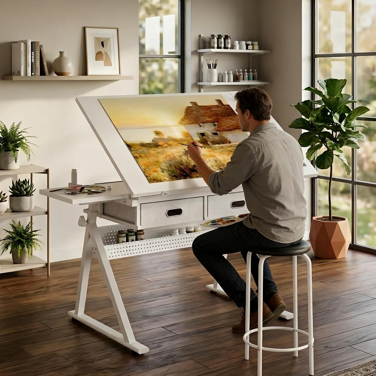 Drafting Table, Height Adjustable Art Table with Stool,T1-All White