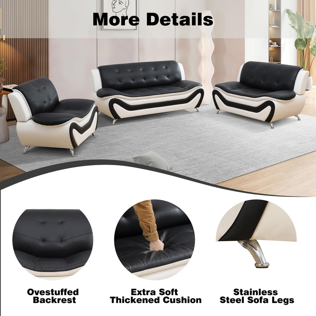 Modern Leather Sofa Set, Living Room Furniture, 3 - Piece Couch Set, Faux Leather Couch Loveseat Chair Set with Sturdy Legs for Living Room/Bedroom/Office,Black