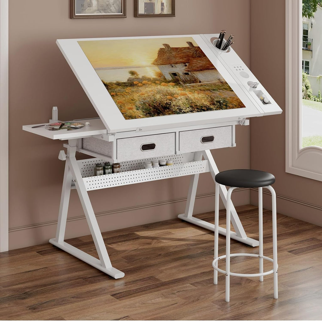Drafting Table and Stool Set for Adults/Artists, Drawing Table with Adjustable Tabletop and Height, Art Workstation for Painters Crafting Reading Writing Home Office, All White