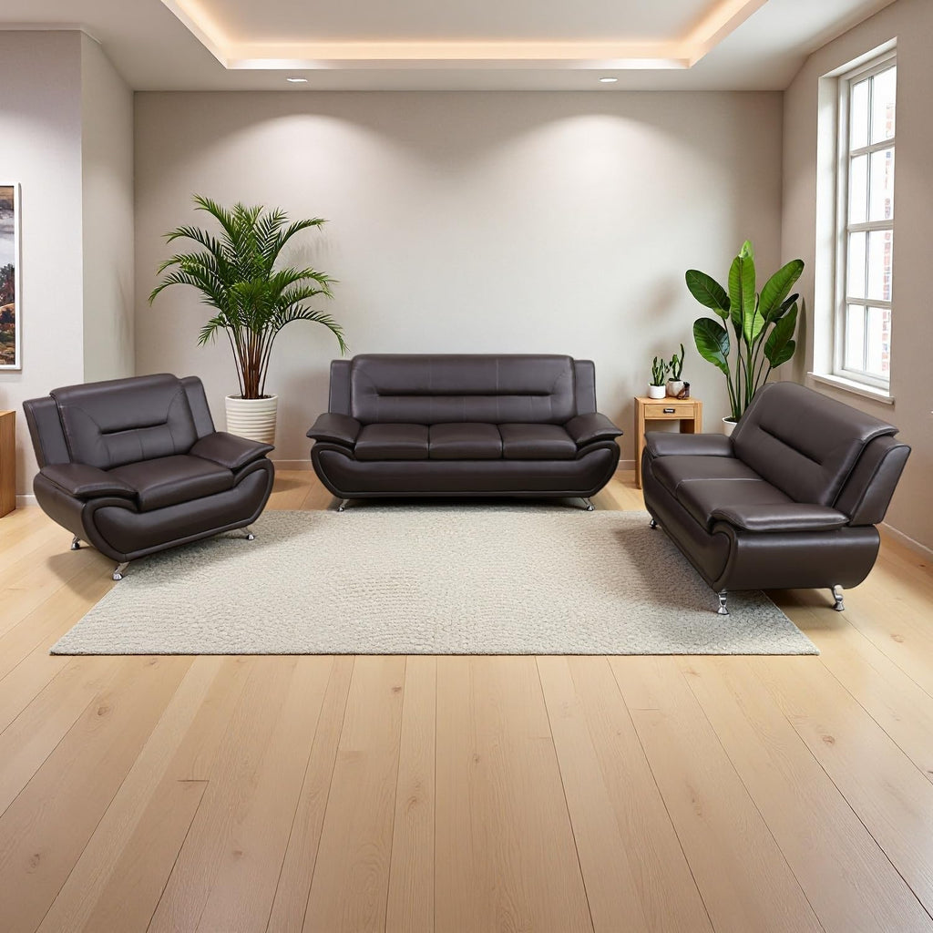 Leather Sectional Sofa Couches, Living Room Sofa and Loveseat Set, Faux Leather Couch and Loveseat Set for Office/Bedroom/Apartment, Cream