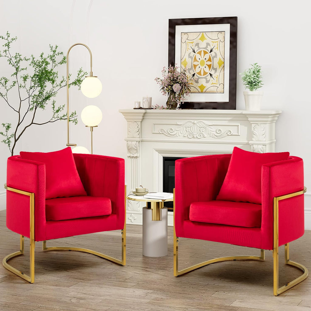 Velvet Accent Barrel Chairs Set of 2, Modern Arm Club Chair Set with Pillow for Living Room/Bedroom/Guest Reception, Channel Tufted, Gold Finish Base, Orange