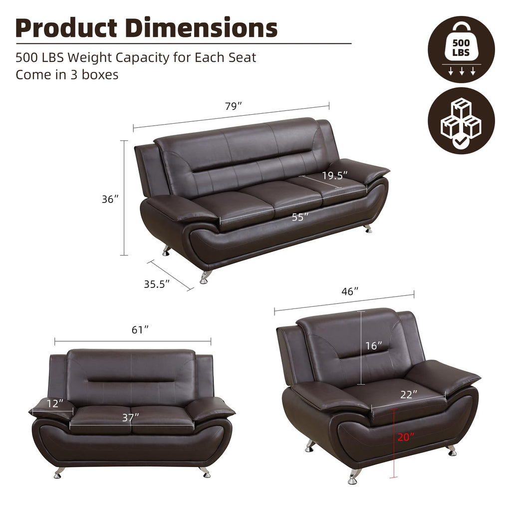 Modern Leather Sofa Set, Living Room Furniture, 3 - Piece Couch Set, Faux Leather Couch Loveseat Chair Set with Sturdy Legs for Living Room/Bedroom/Office,Black