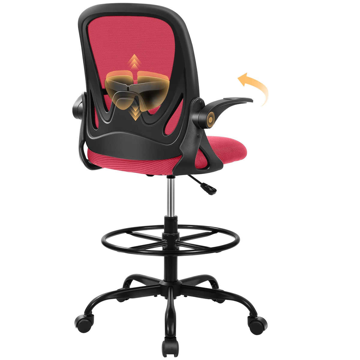 Drafting Chair Tall Office Chair with Flip-up Armrests, Adjustable Height, and Enhanced Lumbar Support - Ergonomic Rolling Stool, Back Support, and Adjustable Foot Rest Ring for Standing Desk White