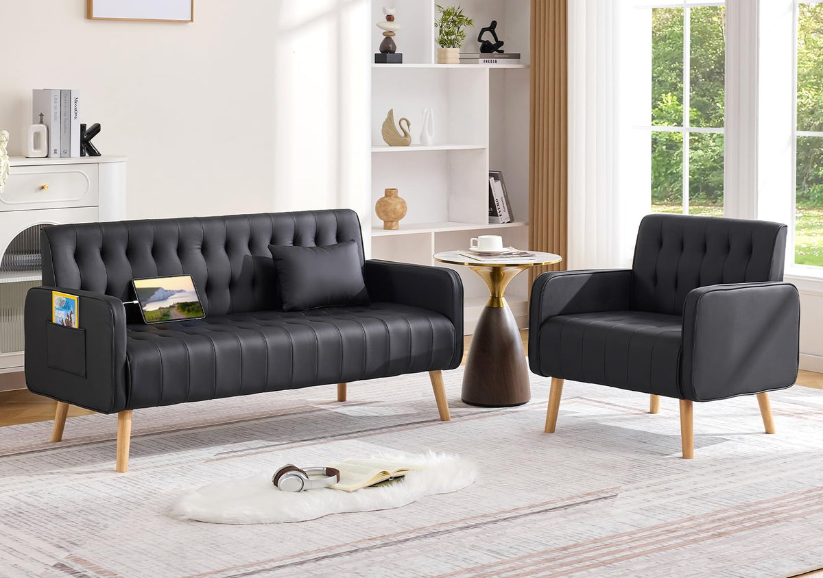 57â Small Faux Leather Loveseat Couch and Accent Chair Set of 2 (3, Black)