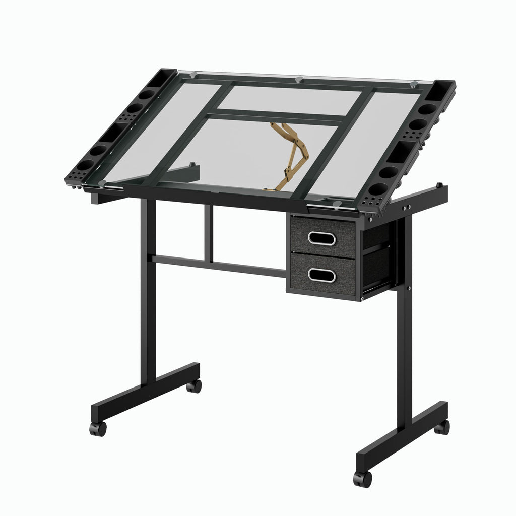 Adjustable Drafting Table with Stool, 0-75Â° Tilting Art Desk, White