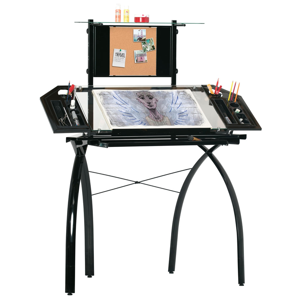 SD STUDIO DESIGNS Futura LS WorkCenter with Tilt Top Adjustable Drafting Table Craft Table Drawing Desk Hobby Table Writing Desk Studio Desk, Silver / Blue Glass