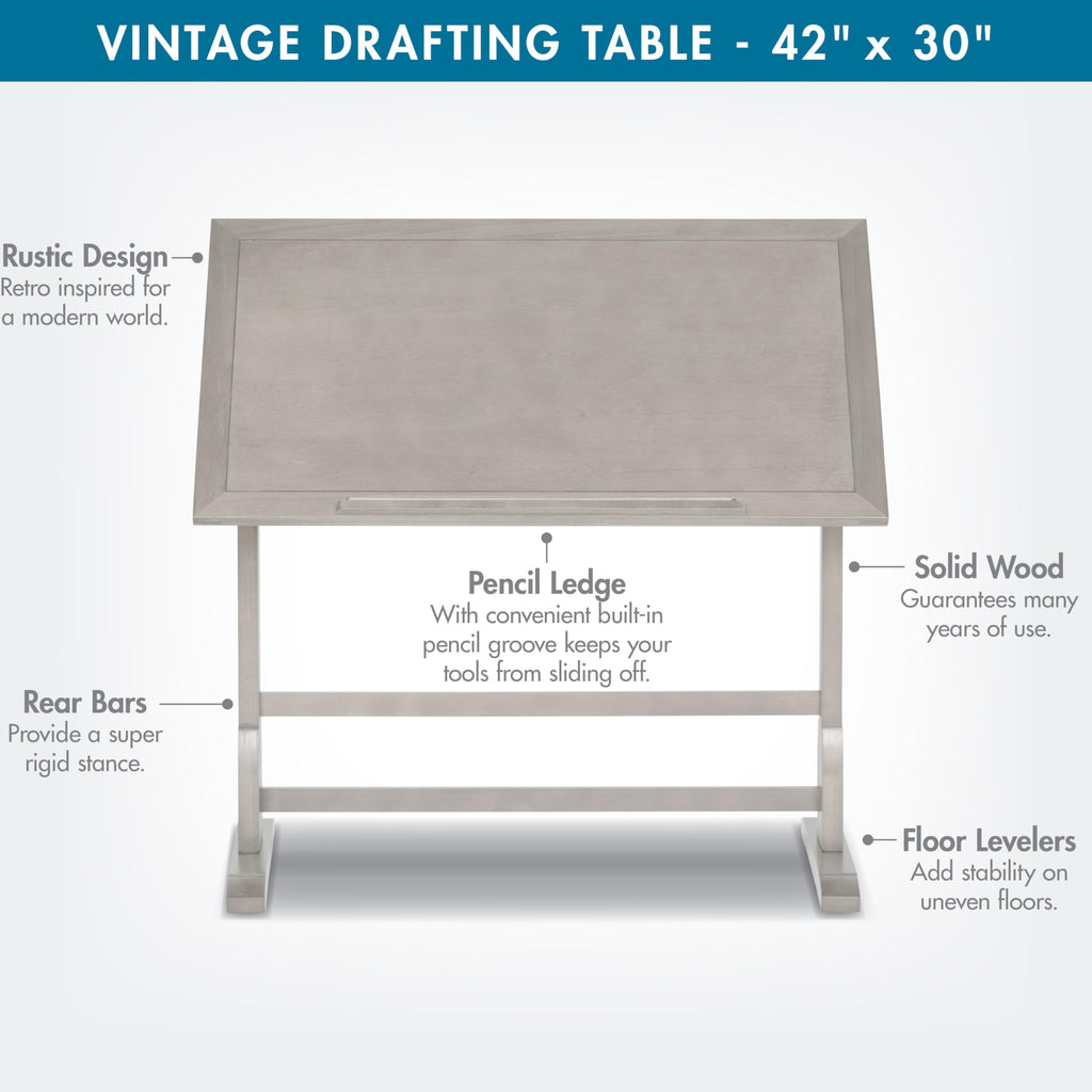 Studio Designs Vintage Drafting Table - Antique Design Solid Wood Drafting Table with Built-In Pencil Groove and Pencil Ledge - Angle Adjustable Work Surface