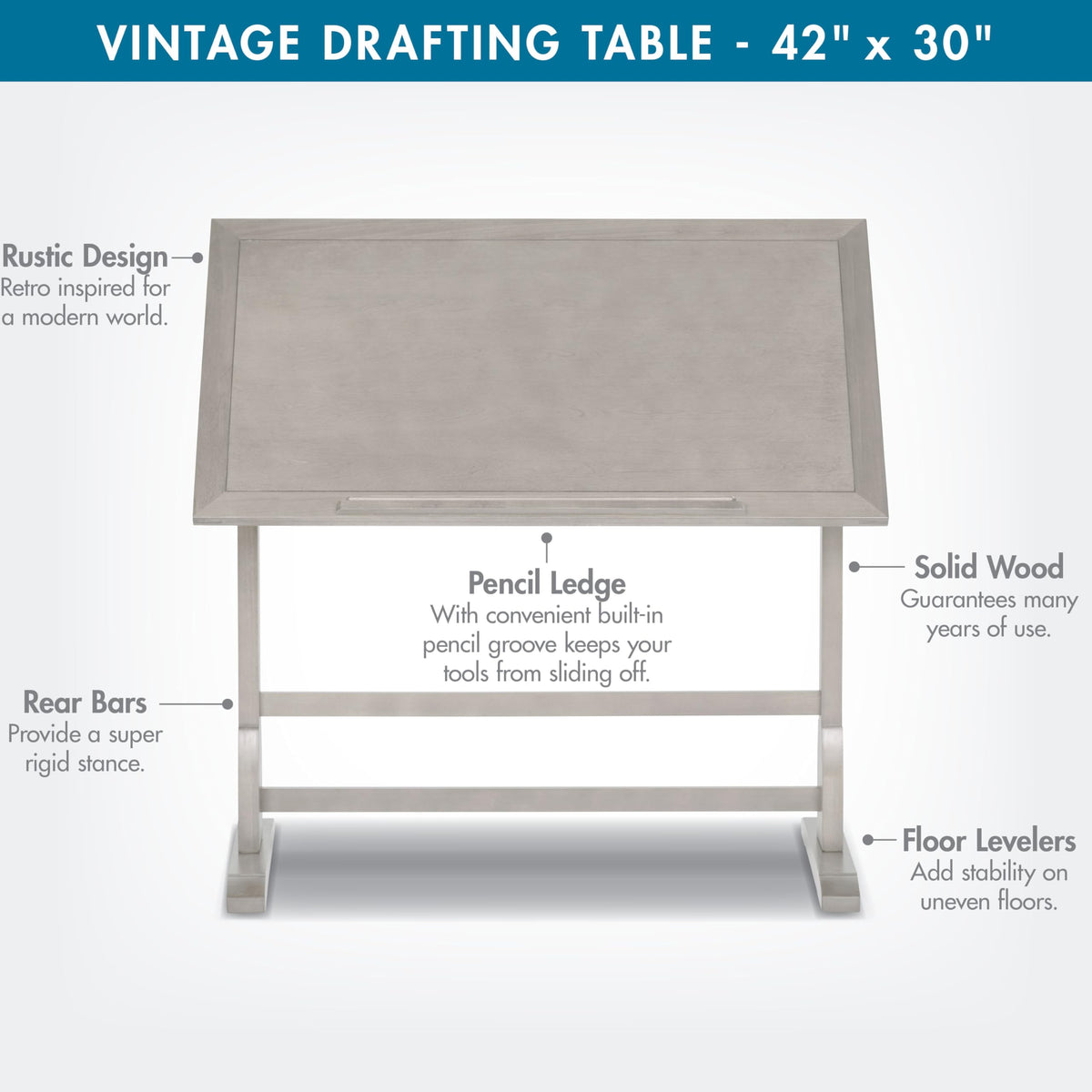 Studio Designs Vintage Drafting Table - Antique Design Solid Wood Drafting Table with Built-In Pencil Groove and Pencil Ledge - Angle Adjustable Work Surface