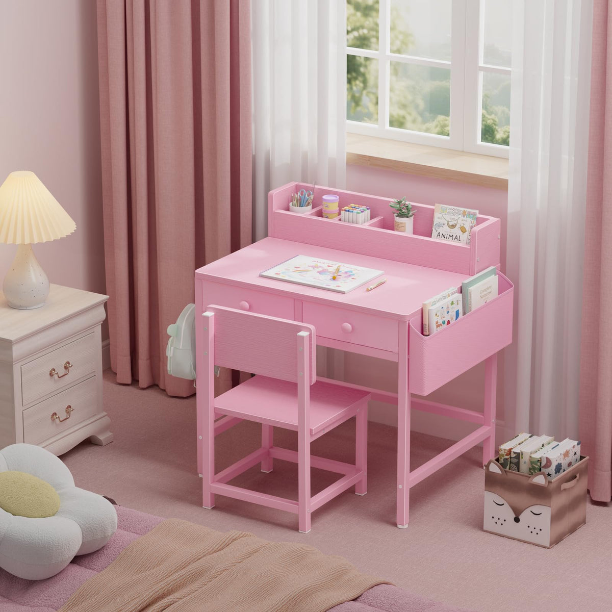 BOLUO White Kids Desk and Chair Set for 5-8 Year Old, Small Child Desk with Fabric Drawer, Children Study Table with Storage Toddler Girls Boys