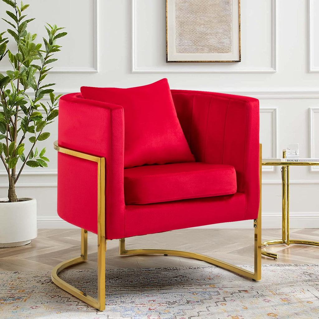 Velvet Accent Barrel Chairs Set of 2, Modern Arm Club Chair Set with Pillow for Living Room/Bedroom/Guest Reception, Channel Tufted, Gold Finish Base, Orange
