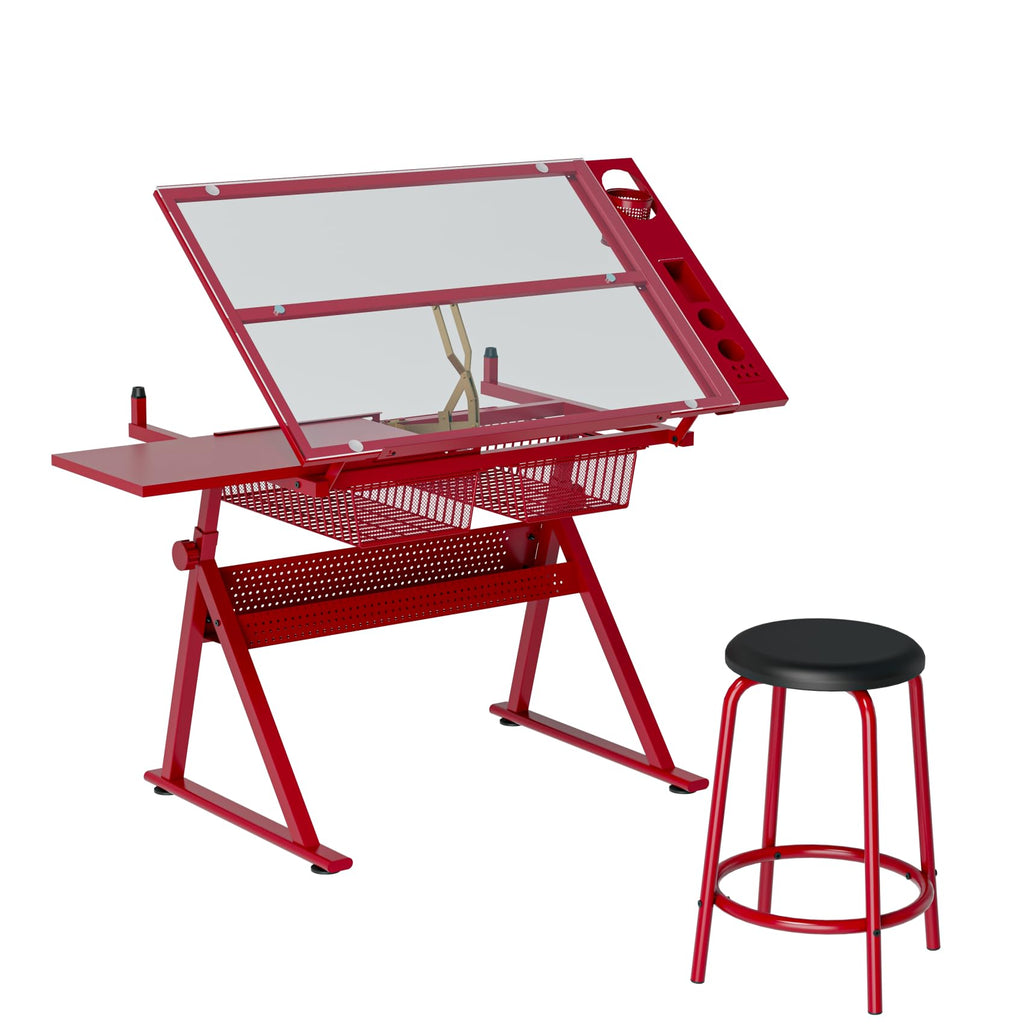 Black Drafting Table Desk w/Stool, Painting Table Art Craft Desk Crafting Table with Tilting Tempered Glass Top, 2 Storage Drawers, Height Adjustable