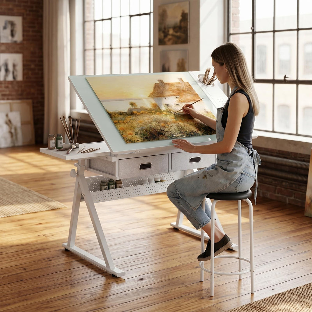 Drafting Table with Stool Height Adjustable Art Craft Desk with Storage, Tilting MDF Tabletop, Expansion Board, Drawing Table for Home Office, Artists, Painters (Rustic Brown)