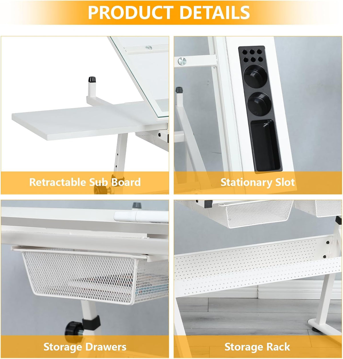 White Drafting Table with Stool, Height Adjustable Art Craft Desk with Tilting Tempered Glass Tabletop, Expansion Board, Multi-Storage, Drawing Table for Studio, Artists, Home Office, Painters, White