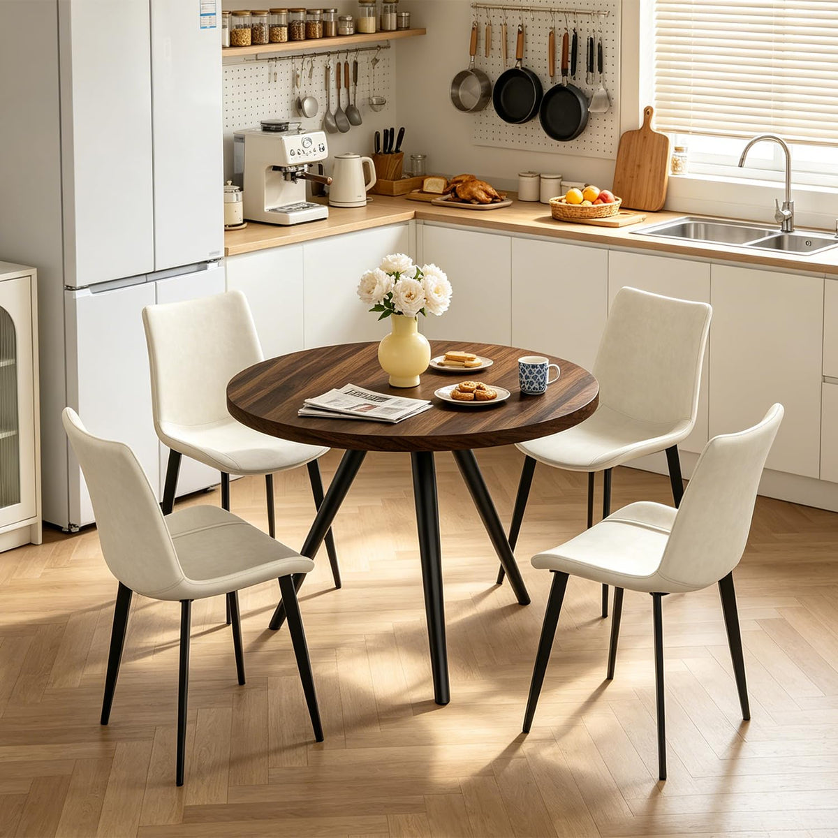 34.6" Round Dining Table Set for 4, Modern Kitchen Coffee Table Set, Walnut