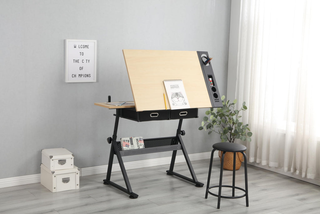 Height Adjustable Drafting Table with Stool, 0-75Â° Tilting Drawing Desk Artist Desk with 2 Storage Drawers, Watercolor Art Workstation for Home Office Drawing, Painting, Crafting, Writing, Sketching