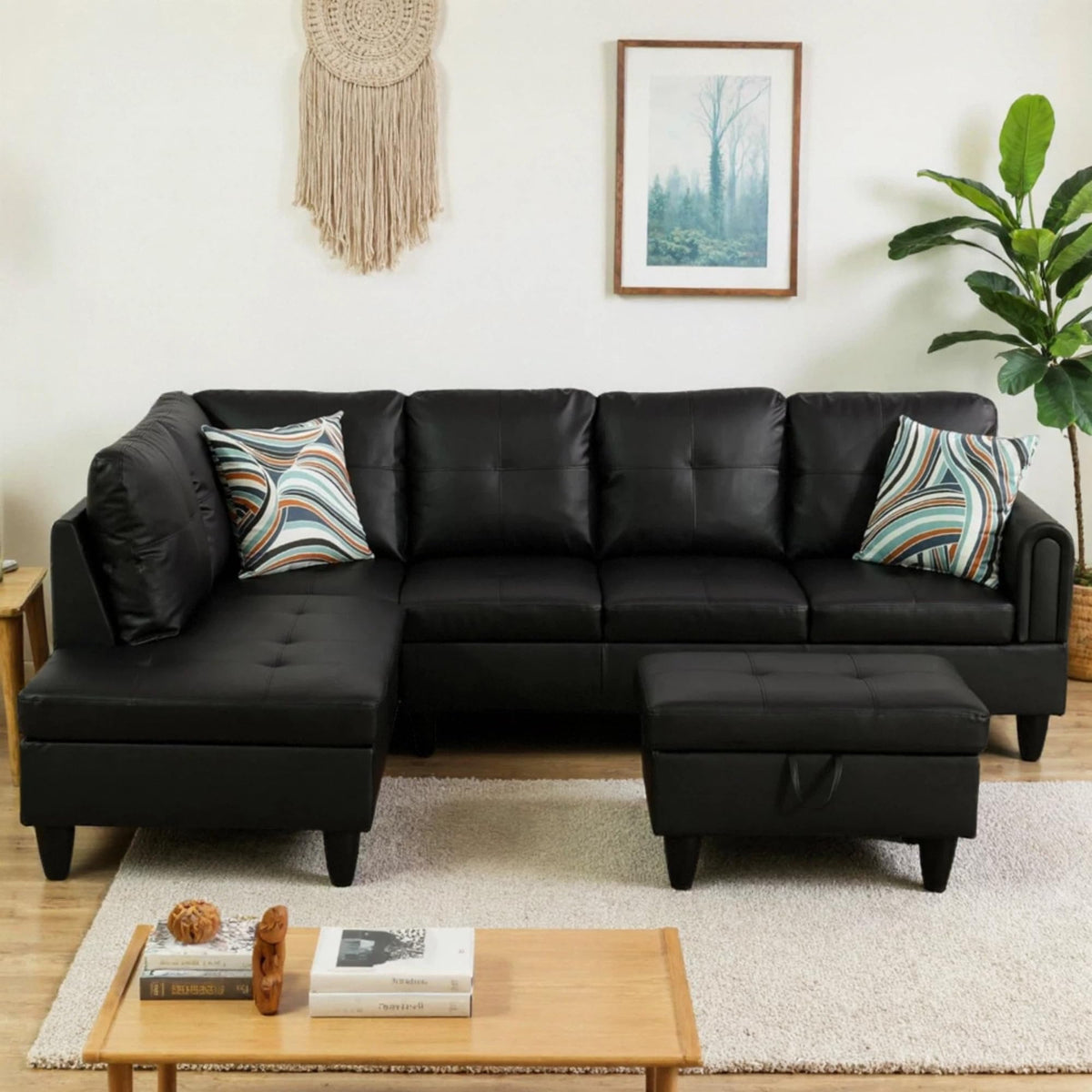 97.5" L-Shaped Modular Sectional Sofa with Movable Chaise & Storage Ottoman, 3 Piece Convertible Leather Couch, 4 Seat Gloss Black Living Room Furniture Set for Apartment Home Office