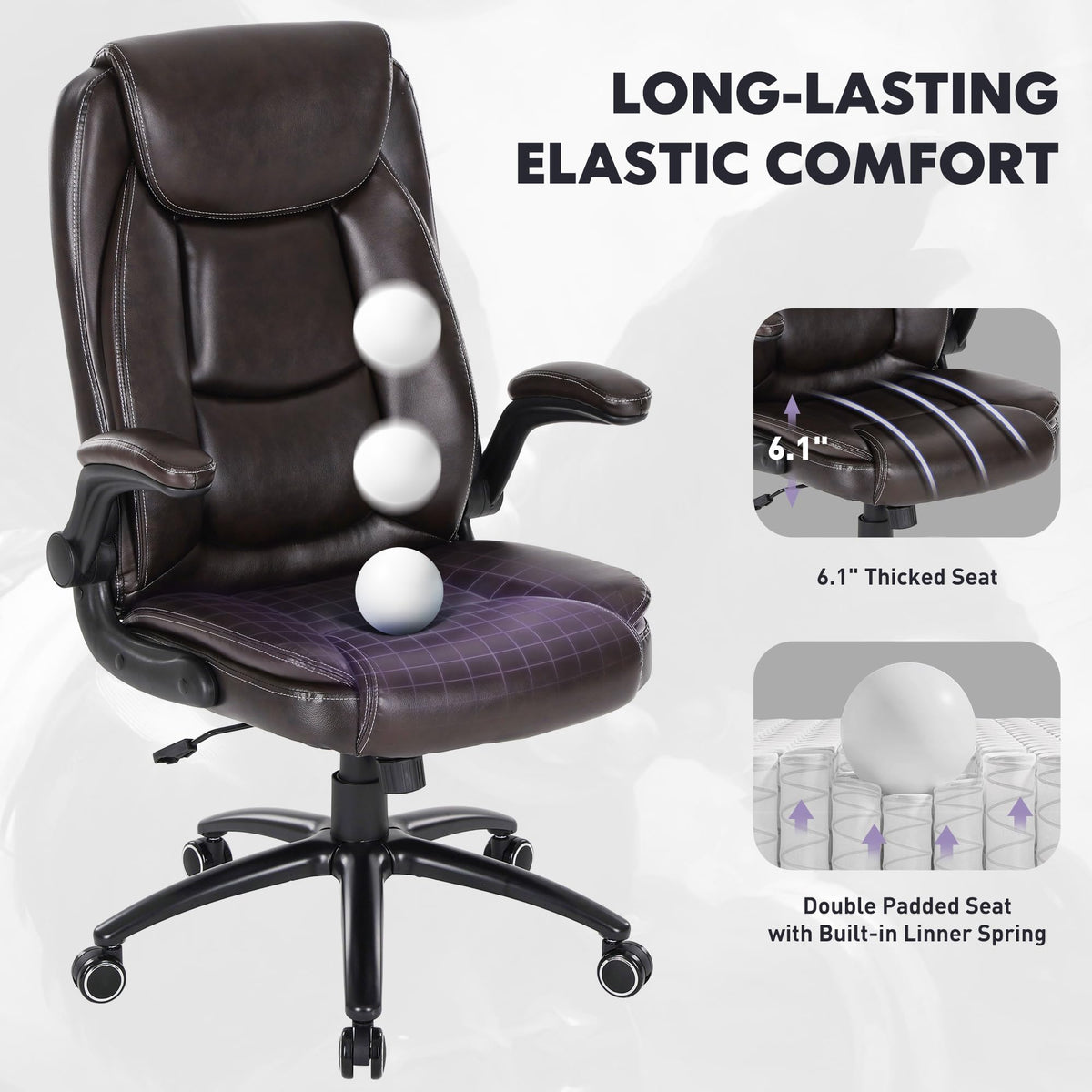300lbs Capacity Executive Desk Chair with Ergonomic Lumbar Support, Flip-up Arms & High Back Leather Computer Chair for Home/Office, Black