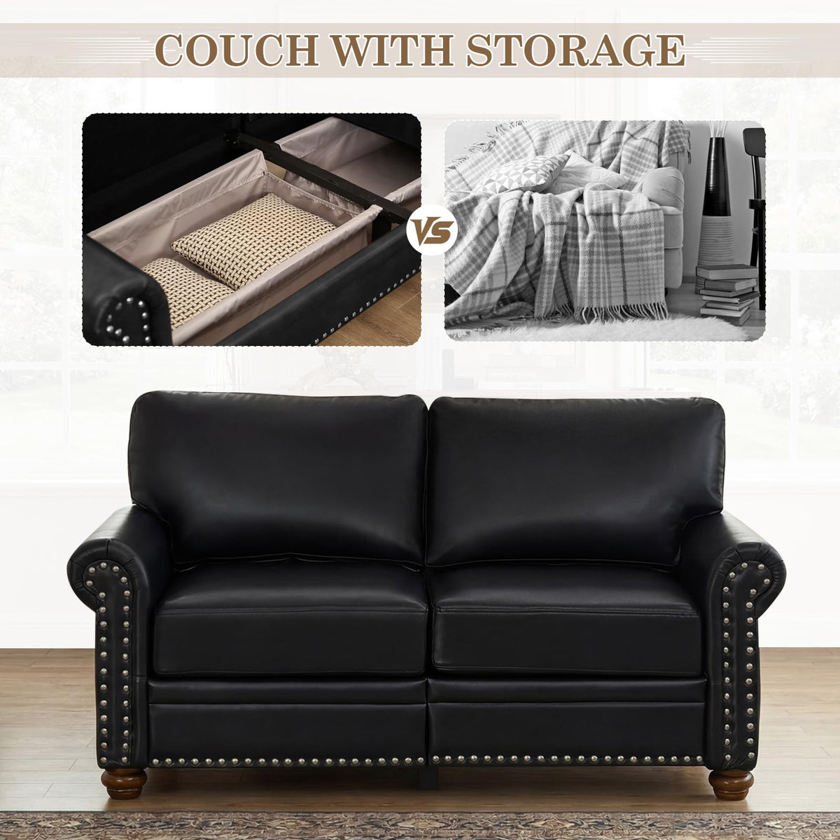 2 Piece Couch Sets for Living Room,Mid Century Modern Couch with Storage Nailhead Trim & Rolled Armrests,Deep Seat Comfy Couch,Furniture Set for Living Room,Bedroom,Office(Navy Blue,Loveseat+3 Seater)