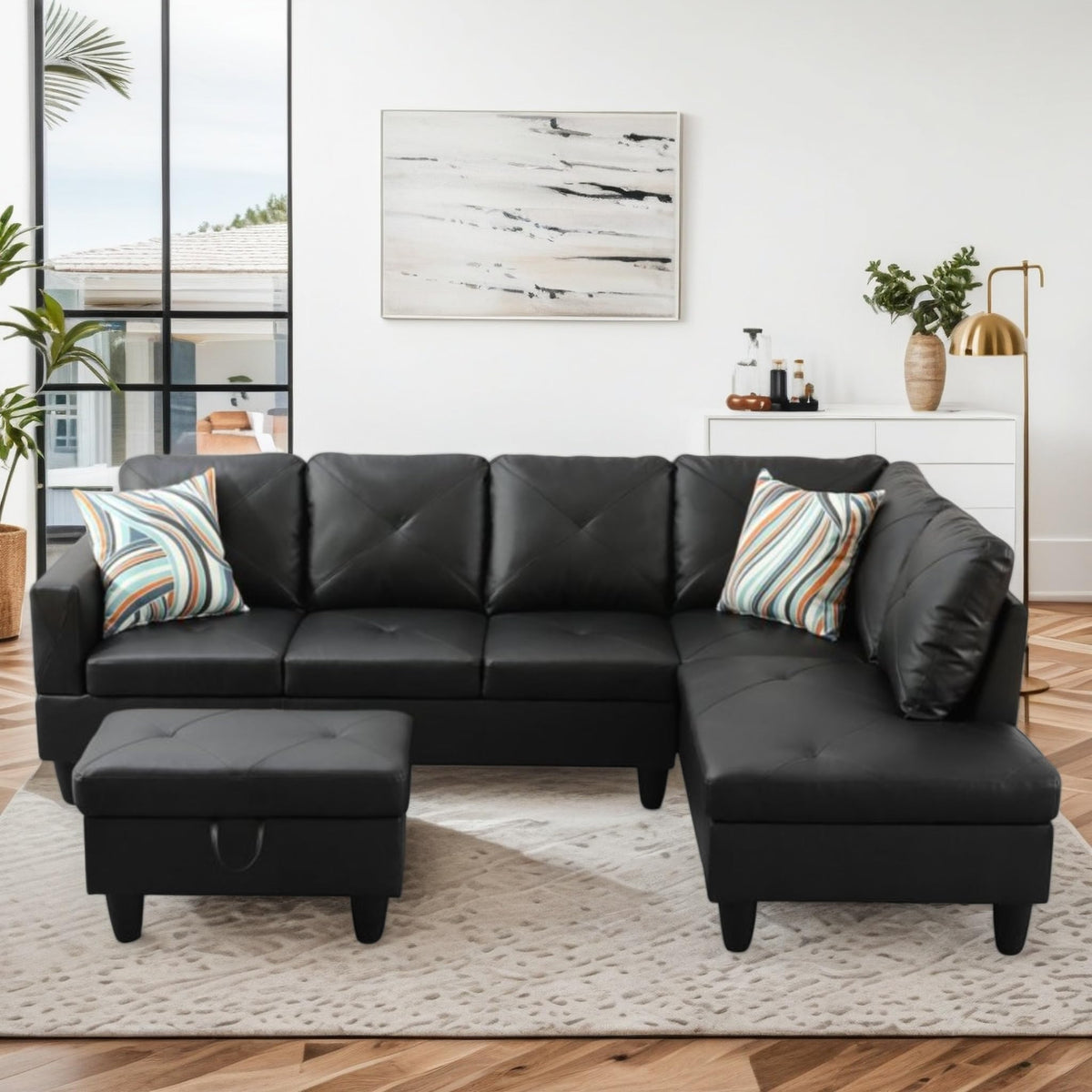 97.5" Leather L Shaped Couch with Left Chaise & Cup Holder, Sectional Sofas Modular Furniture Set with Storage Ottoman, Convertible Couches for Living Room, Office & Small Space (Black)