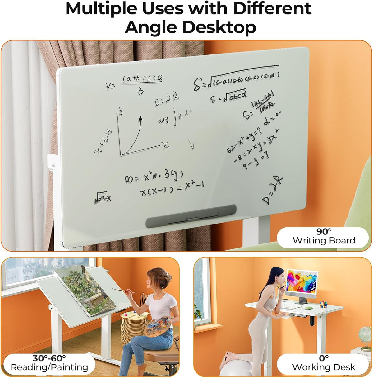 35" Glass Standing Desk, 90Â° Tilt Height Adjustable Drafting Table