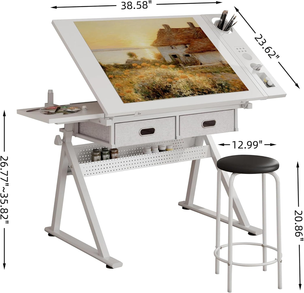 Height Adjustable Drafting Table Drawing Table Artist Desk Tilting Tabletop Art Craft Desk with 2 Storage Drawers and Stool, Art Craft Desk for Artist Painters Drawing Painting (All White)