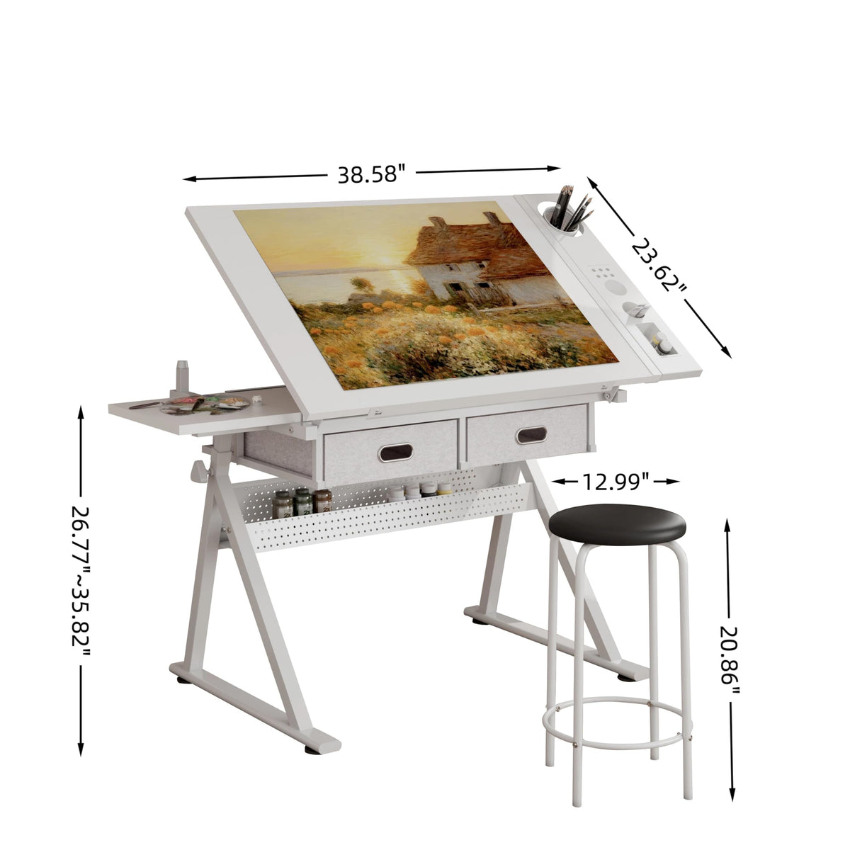 White Drafting Table with Stool, Height Adjustable Art Craft Desk with Tilting Tempered Glass Tabletop, Expansion Board, Multi-Storage, Drawing Table for Studio, Artists, Home Office, Painters, White