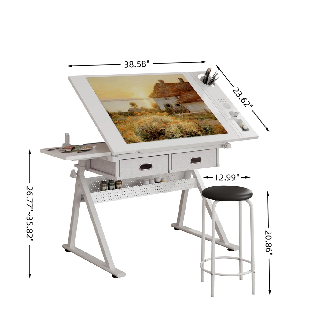 Drafting Table with Stool Height Adjustable Art Craft Desk with Storage, Tilting MDF Tabletop, Expansion Board, Drawing Table for Home Office, Artists, Painters (Rustic Brown)
