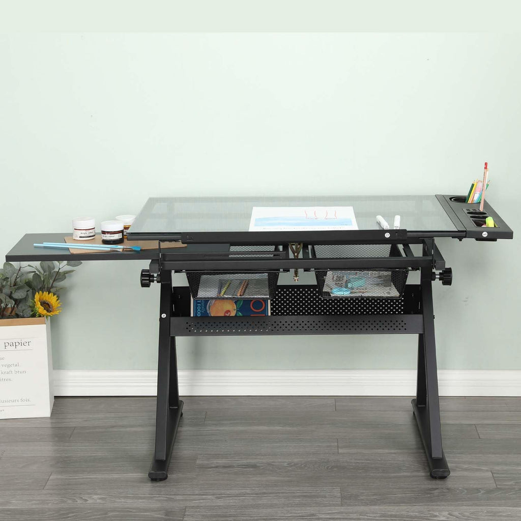Drafting Table with Storage and Stool, Glass Art Desk for Adults Adjustable Height with 2 Metal Drawers, Craft Drawing Table Artist Desk with Extra Desktop for Reading/Writing/Studying (Black)
