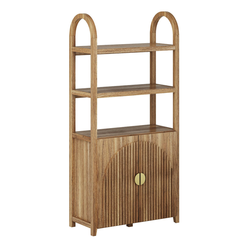 BELLEZE Book Shelf 72" Tall Arched Bookcase with Storage, 5 Tier Mid Century Modern Fluted Bookshelf with Doors, Modular Bookshelves for Living Room Office Library, Set of 2 (Caramel Brown)