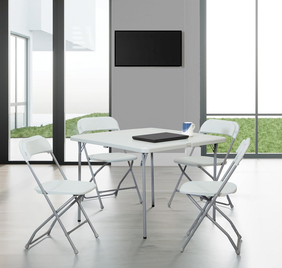 Office Star Resin 5-Piece Folding Square Table and Chair Set, Light Grey
