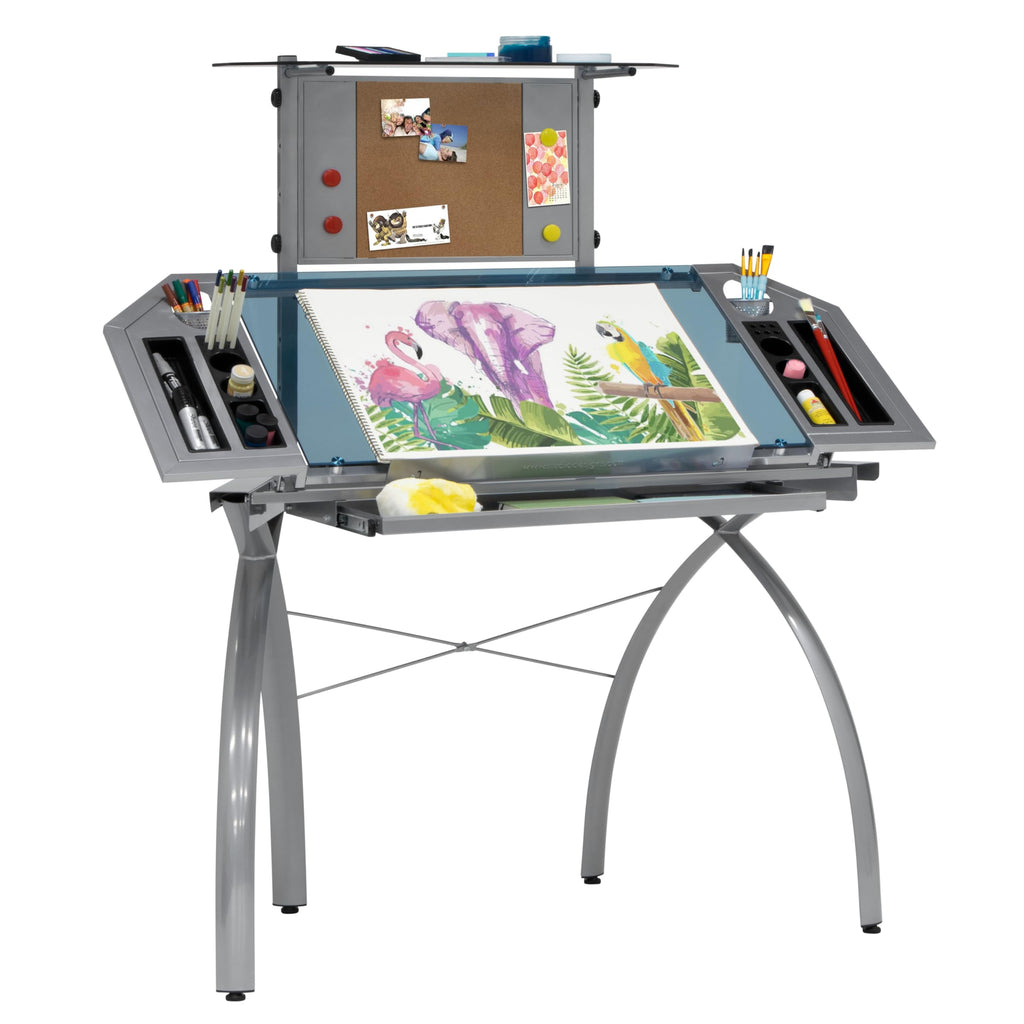 SD STUDIO DESIGNS Futura LS WorkCenter with Tilt Top Adjustable Drafting Table Craft Table Drawing Desk Hobby Table Writing Desk Studio Desk, Silver / Blue Glass