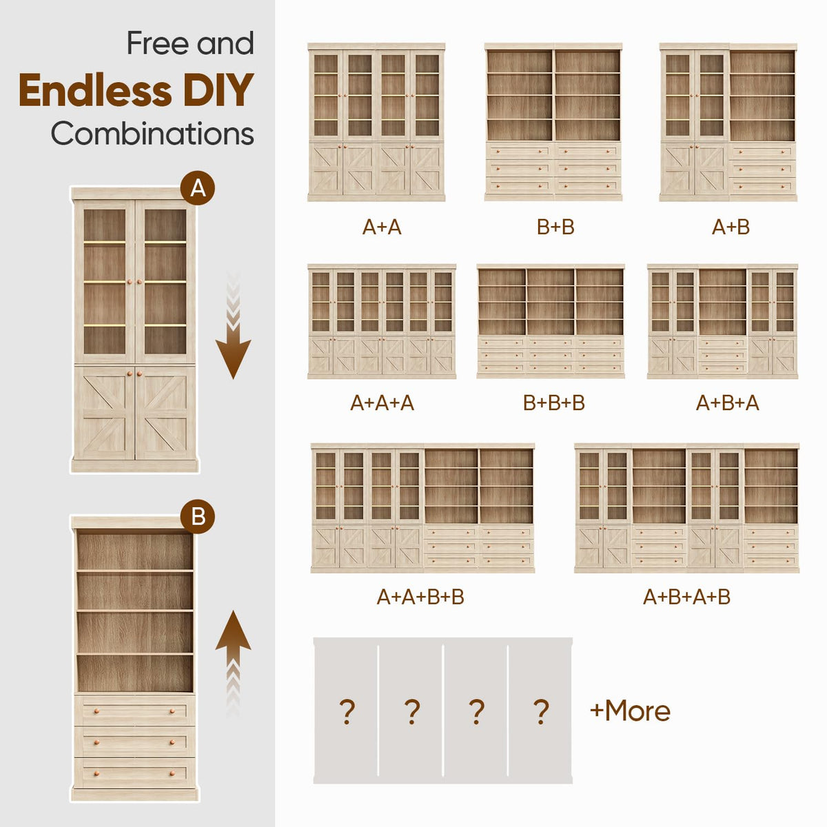 Vyre 71" Tall Farmhouse Bookshelves with Drawers, Set of 3 â Large Modular Bookcase with Adjustable Shelves, Storage Cabinet for Living Room, Kitchen, Home Office, Brown