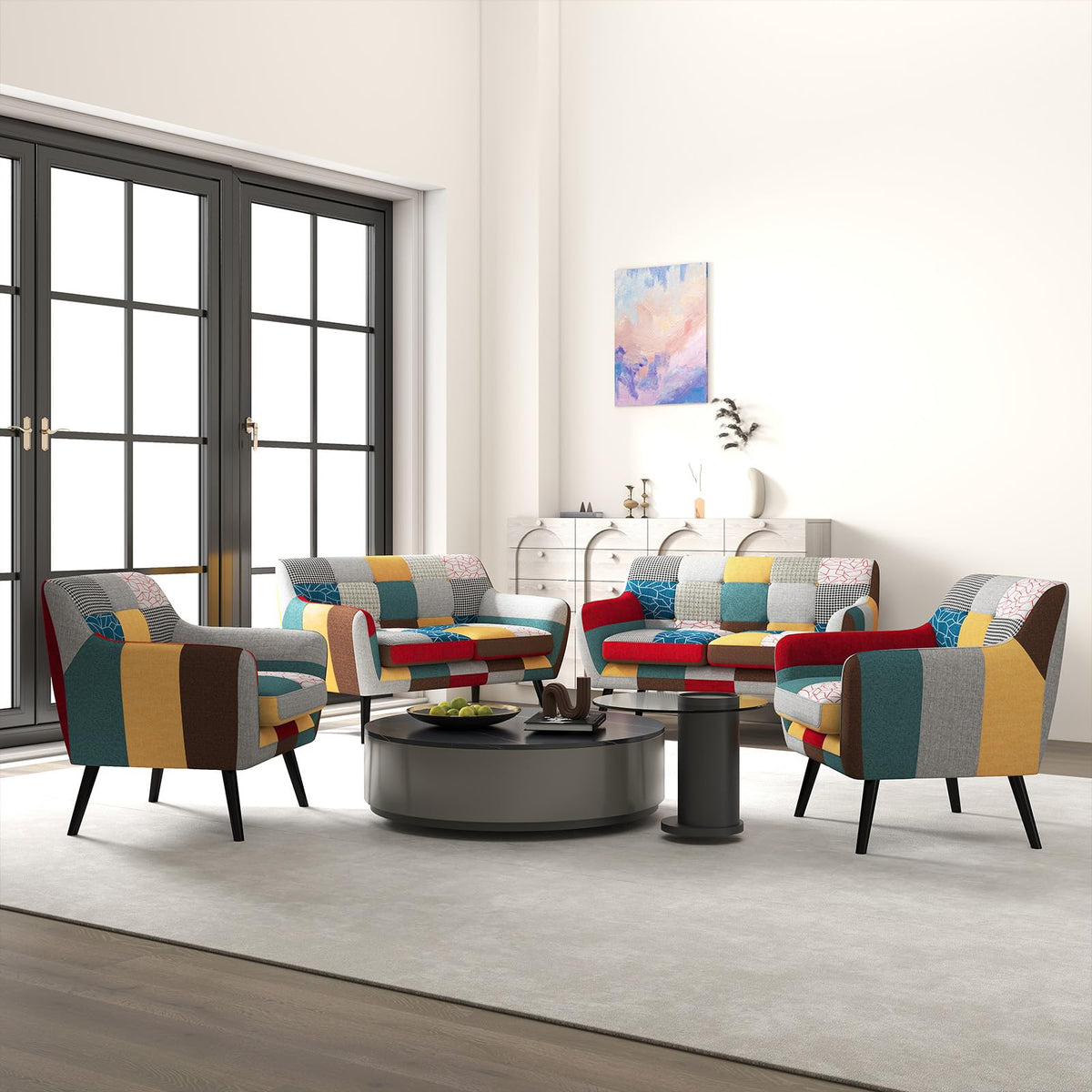 Bonzy Home Modern Colorful 2 Piece Coroful Fabric Sofa Set, Included Accent Chairs and Boho Loveseat Sofa, Linen Patchwork Plaid Couches with Rubberwood Legs and Removable Upholstered for Living Room