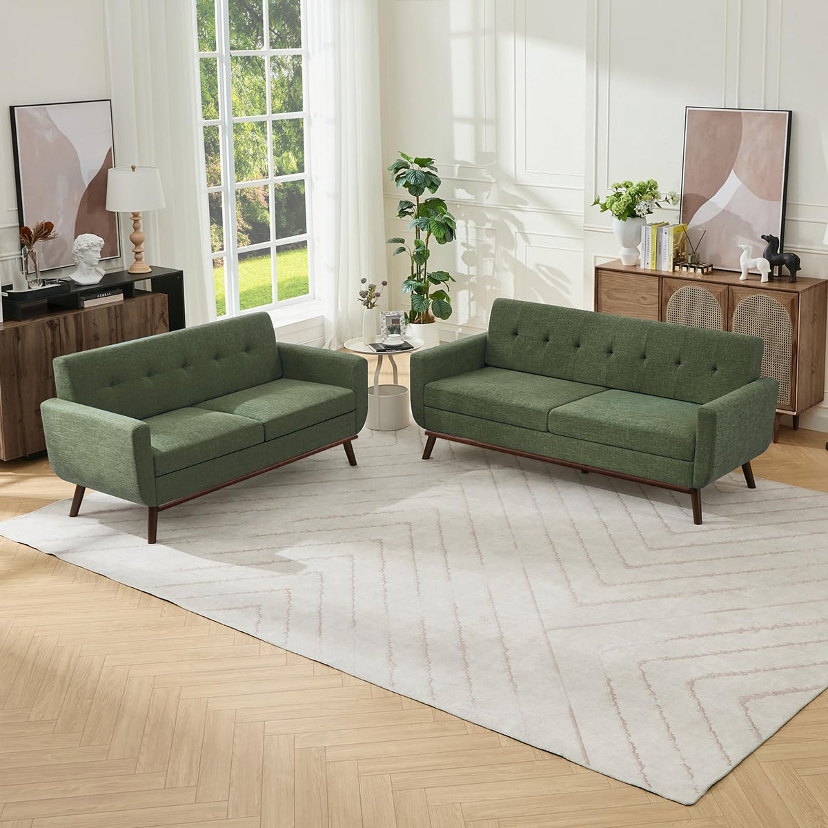 Kingfun 2 Piece Loveseat and Sofa Sets, Mid Century Modern Love Seat Couches for Living Room, Button Tufted Upholstered Furniture, Small Couch for Bedroom, Office, Beige