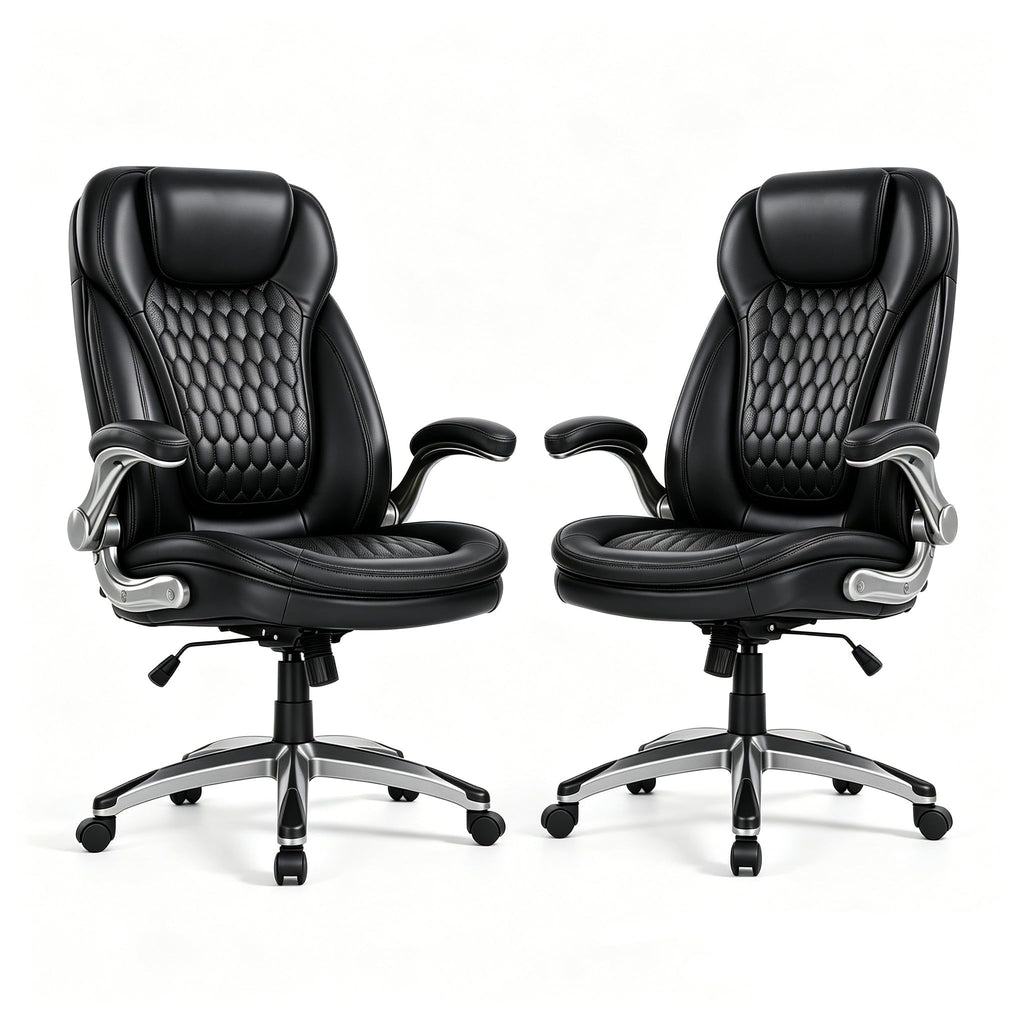 COLAMY High Back Executive Office Chairs, Ergonomic PU Leather Desk Chairs with Flip-Up Armrests, Adjustable Height, Lumbar Support, Comfortable Computer Chairs for Home Office, Set of 2