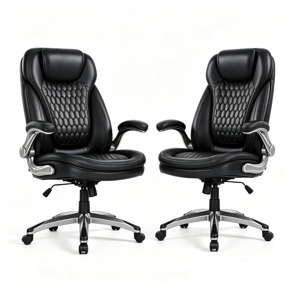 COLAMY High Back Executive Office Chairs, Ergonomic PU Leather Desk Chairs with Flip-Up Armrests, Adjustable Height, Lumbar Support, Comfortable Computer Chairs for Home Office, Set of 2